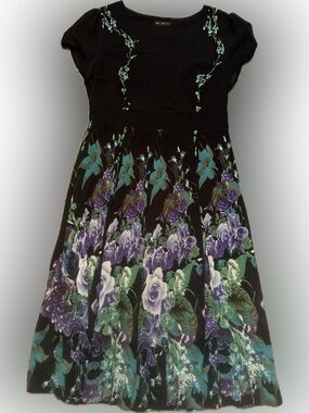Tendency Sz Large Black Floral Fit-and-Flare Dress w/ Purple & Teal Bloom lined